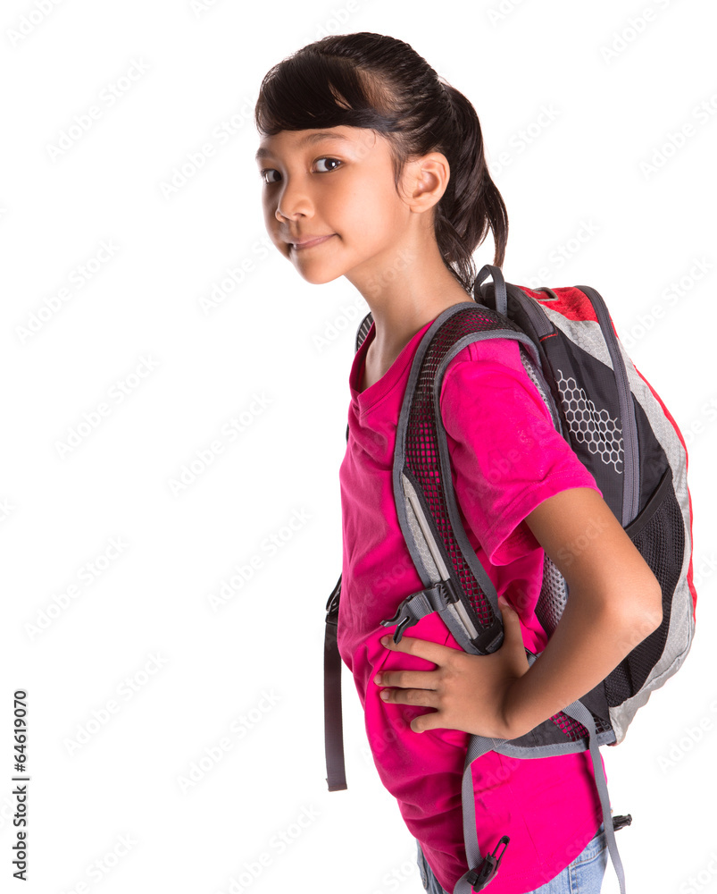 Young Malay Asian girl student with a backpack over white Young Malay Asian girl student with a backpack over white