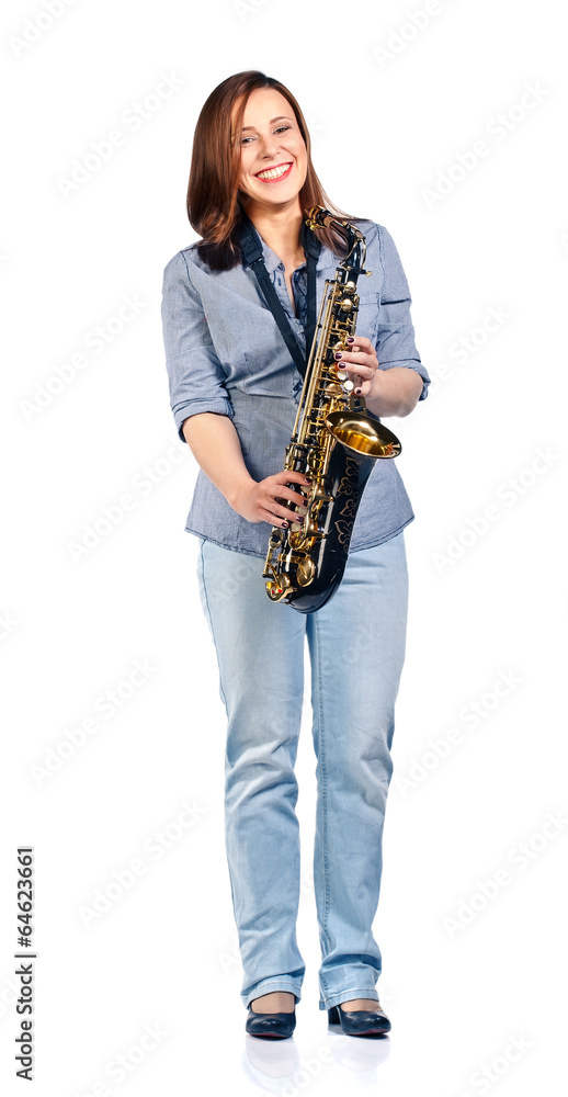 Naklejka premium woman with saxophone isolated on white