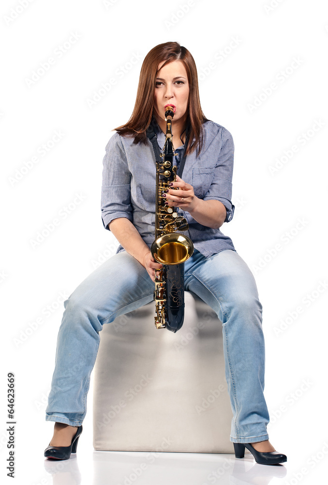 Naklejka premium woman with saxophone isolated on white