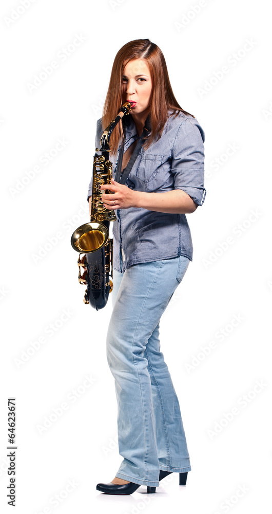 Naklejka premium woman with saxophone isolated on white