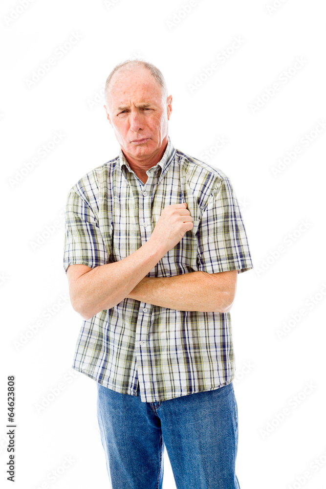 Senior man shivering in the cold isolated on white background Senior man shivering in the cold isolated on white background