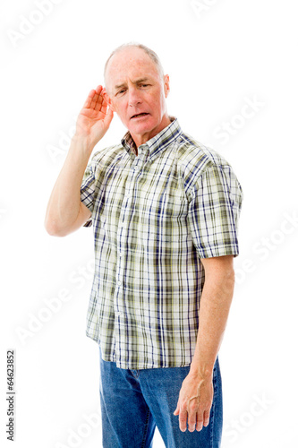 Senior man trying to listen isolated on white background