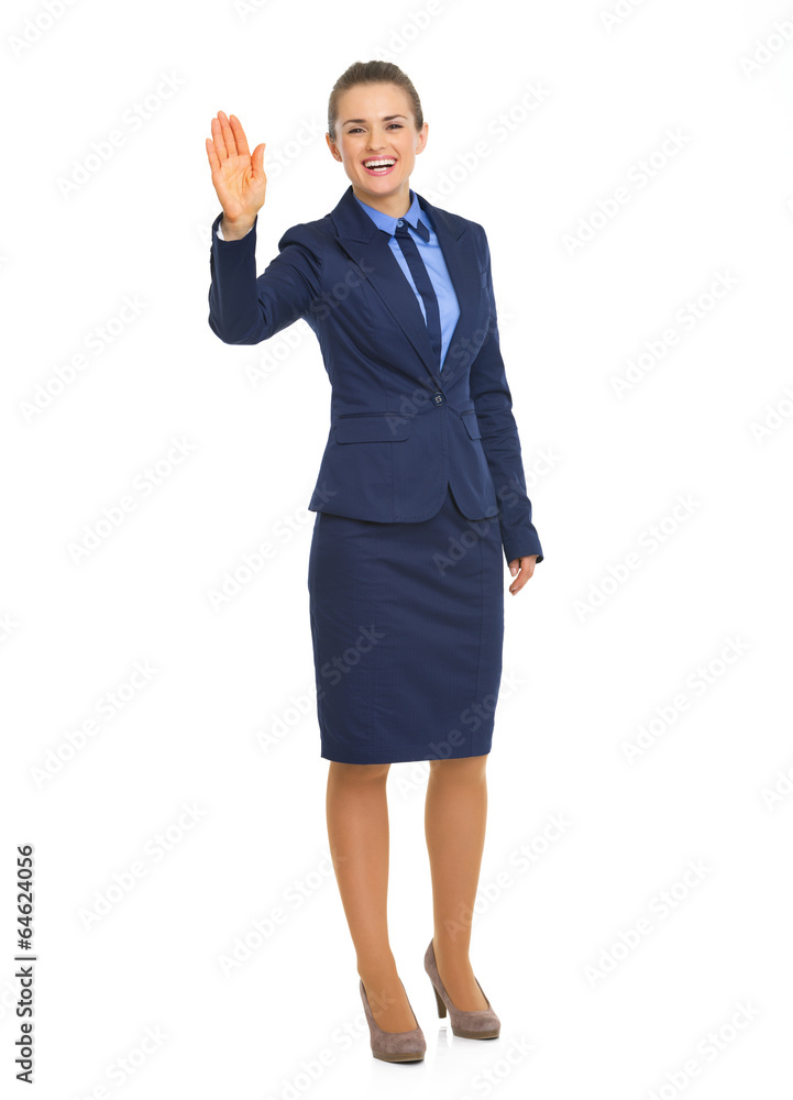Full length portrait of happy business woman greeting Full length portrait of happy business woman greeting