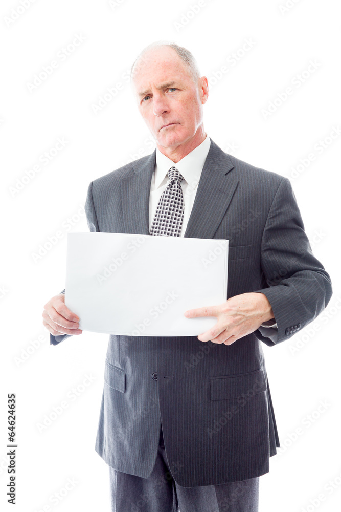 Businessman holding a blank placard Businessman holding a blank placard