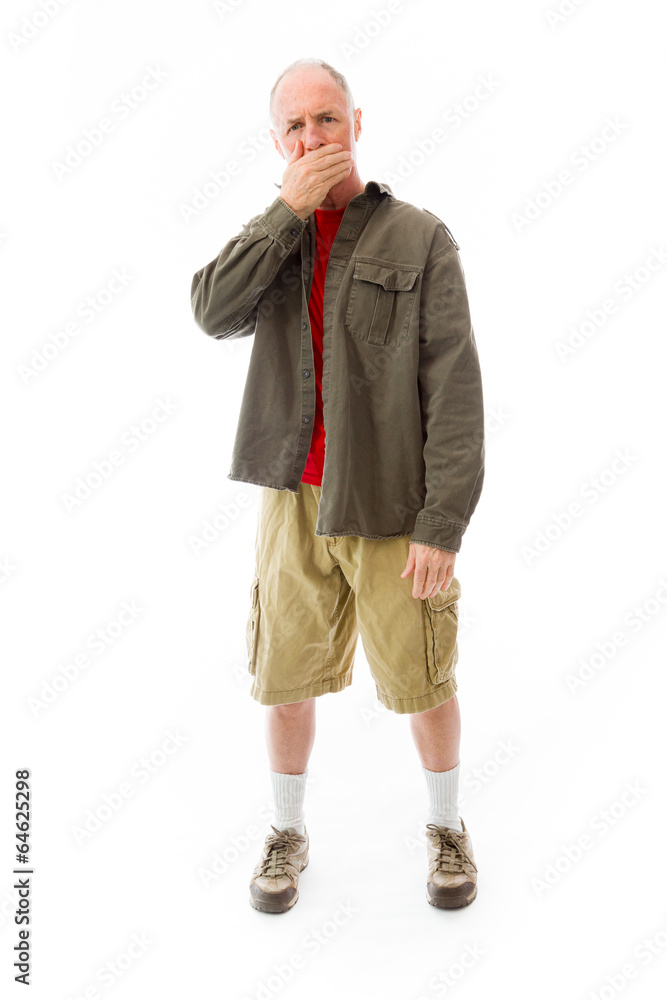 Obraz premium Senior man standing with hand over her mouth