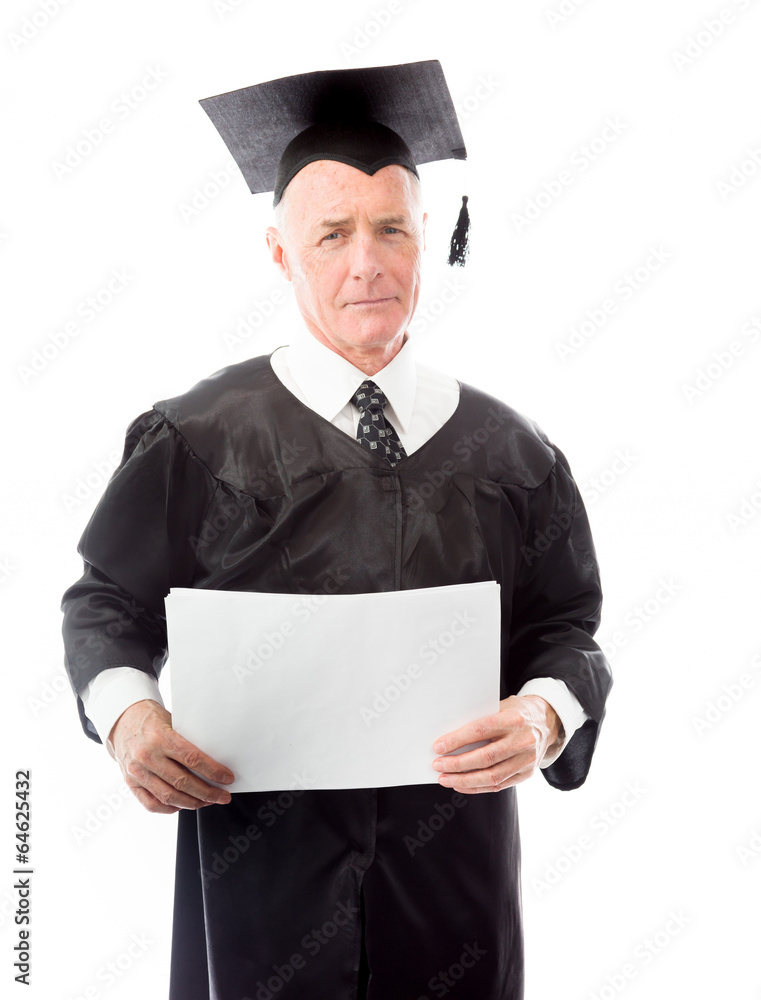Senior male graduate holding blank sheets of paper Senior male graduate holding blank sheets of paper