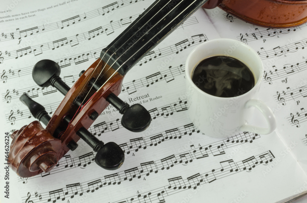 Fototapeta premium Violin and cup of coffee on music sheet
