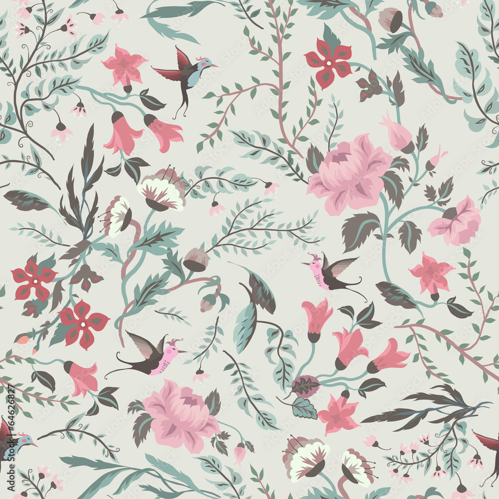 Vector seamless floral pattern with roses and birds
