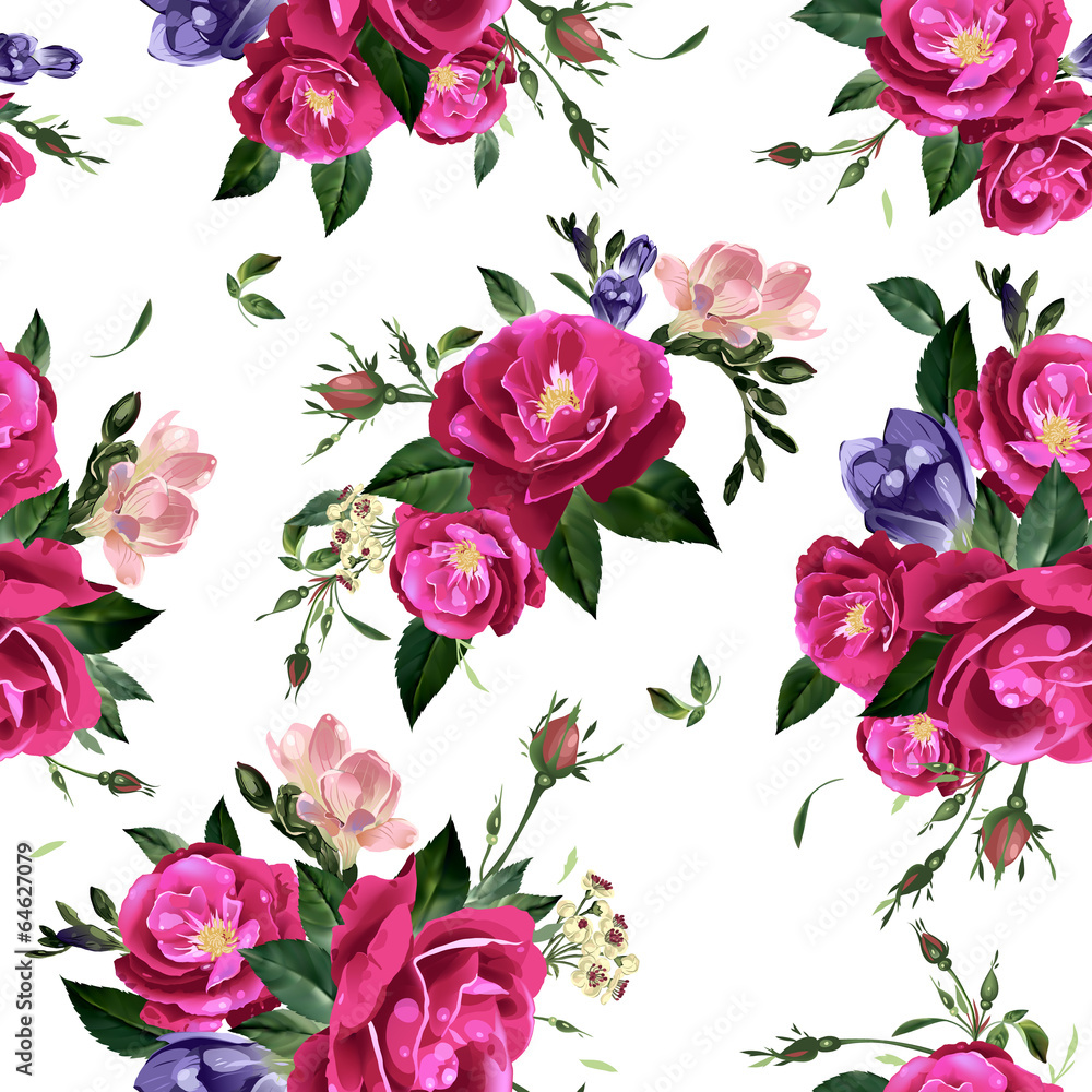 Vector seamless floral pattern with roses and freesia