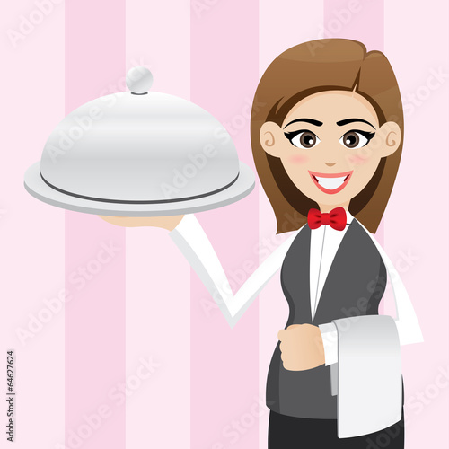 cartoon cute waitress with food tray