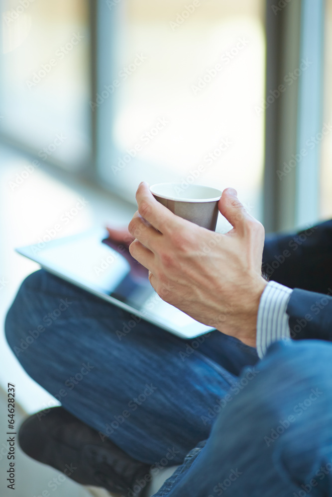 men with pc tablet and coffee men with pc tablet and coffee