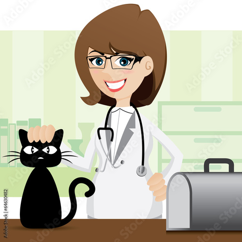 cartoon cute veterinarian and cat