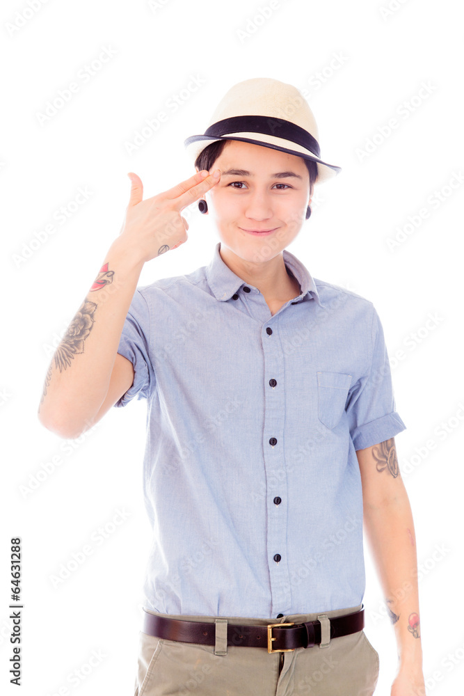 Young Woman holding her finger against her head Young Woman holding her finger against her head