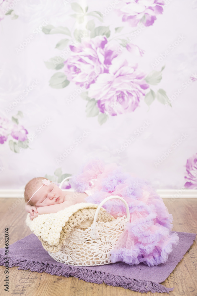 Newborn kleines Mädchen in einem Häkelkorb pink Newborn kleines Mädchen in einem Häkelkorb pink