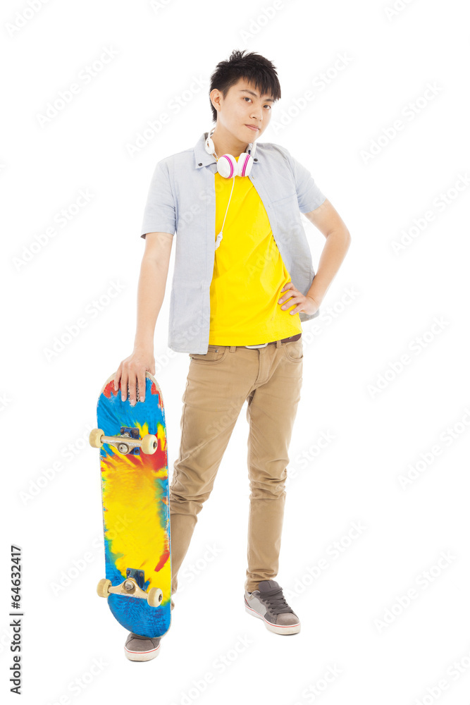 confident young man standing and holding a skateboard confident young man standing and holding a skateboard
