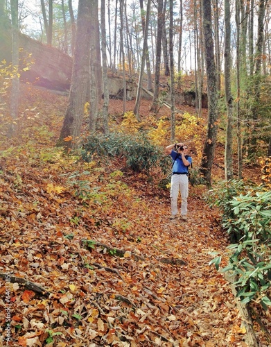 Taking photo in autumn forest photo