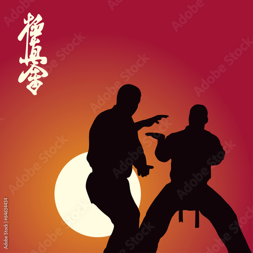 Two men are engaged in karate against the sun