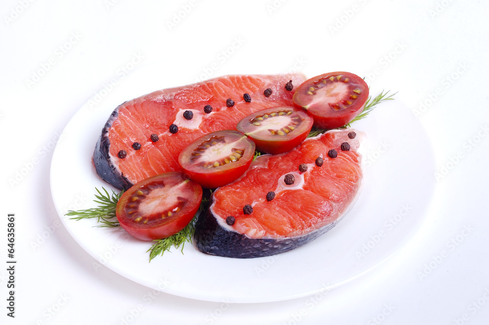 Salmon on white plate isolated Salmon on white plate isolated