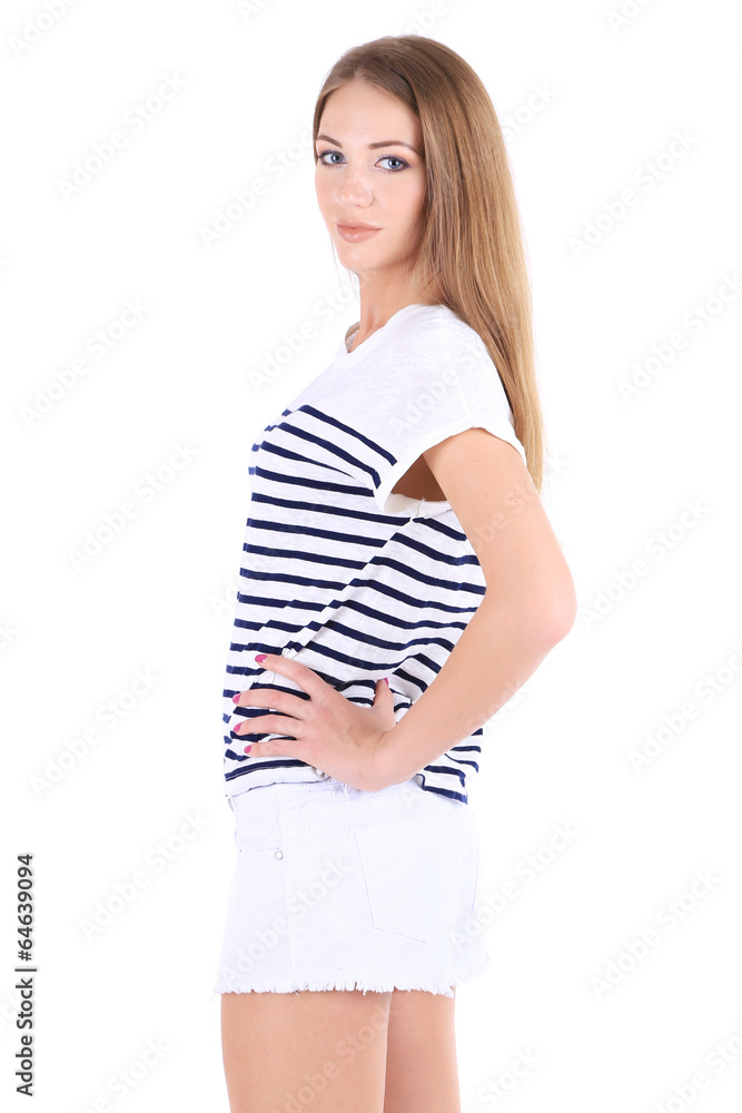 Beautiful young girl shorts and t-shirt isolated on white Beautiful young girl shorts and t-shirt isolated on white