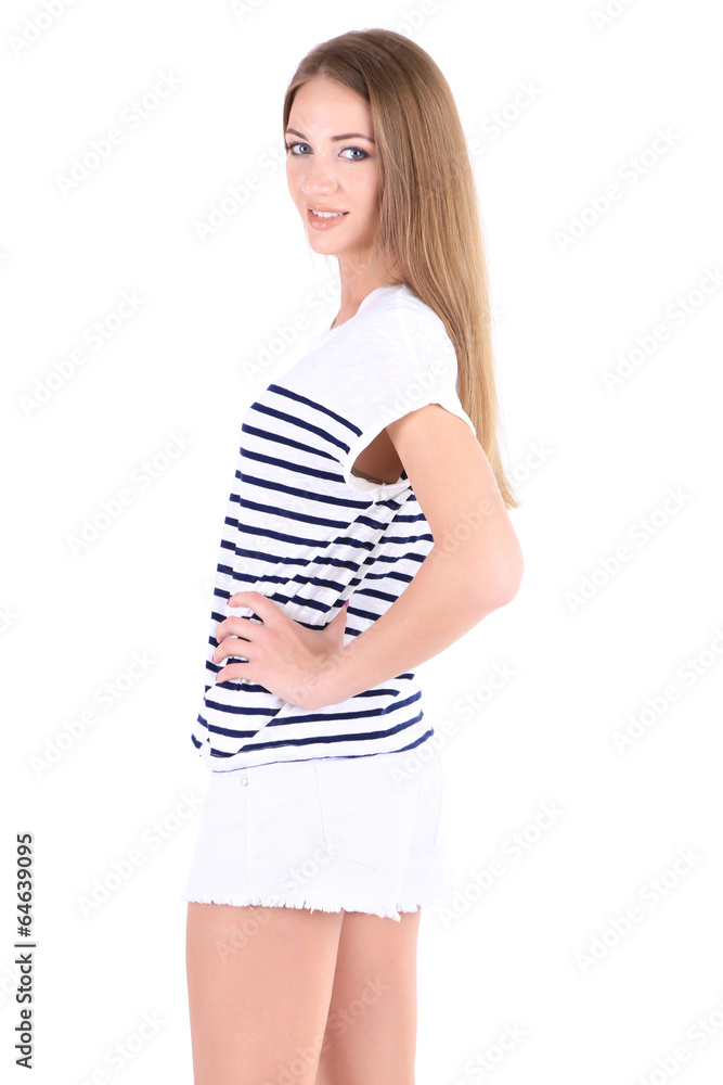 Beautiful young girl shorts and t-shirt isolated on white Beautiful young girl shorts and t-shirt isolated on white
