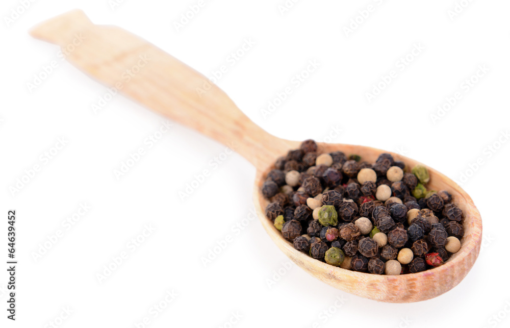 Spice pepper in wooden spoon isolated on white Spice pepper in wooden spoon isolated on white