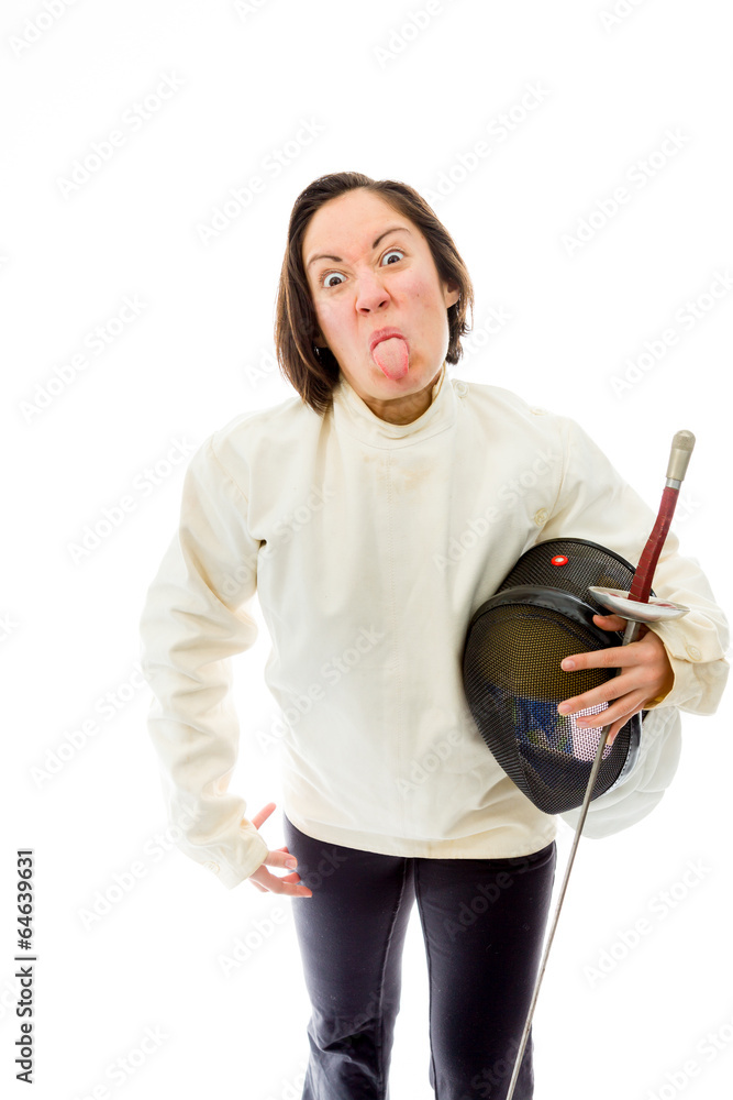 Female fencer sticking her tongue out Female fencer sticking her tongue out