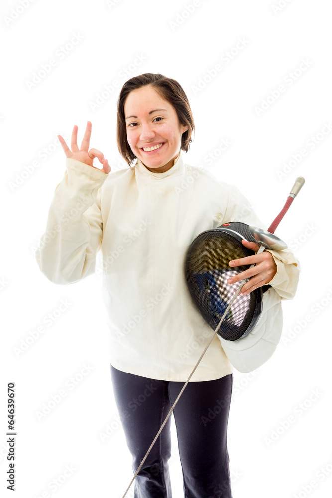 Female fencer showing ok sign Female fencer showing ok sign