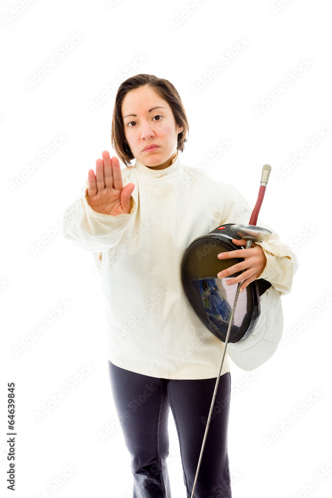 Female fencer making stop gesture sign Female fencer making stop gesture sign