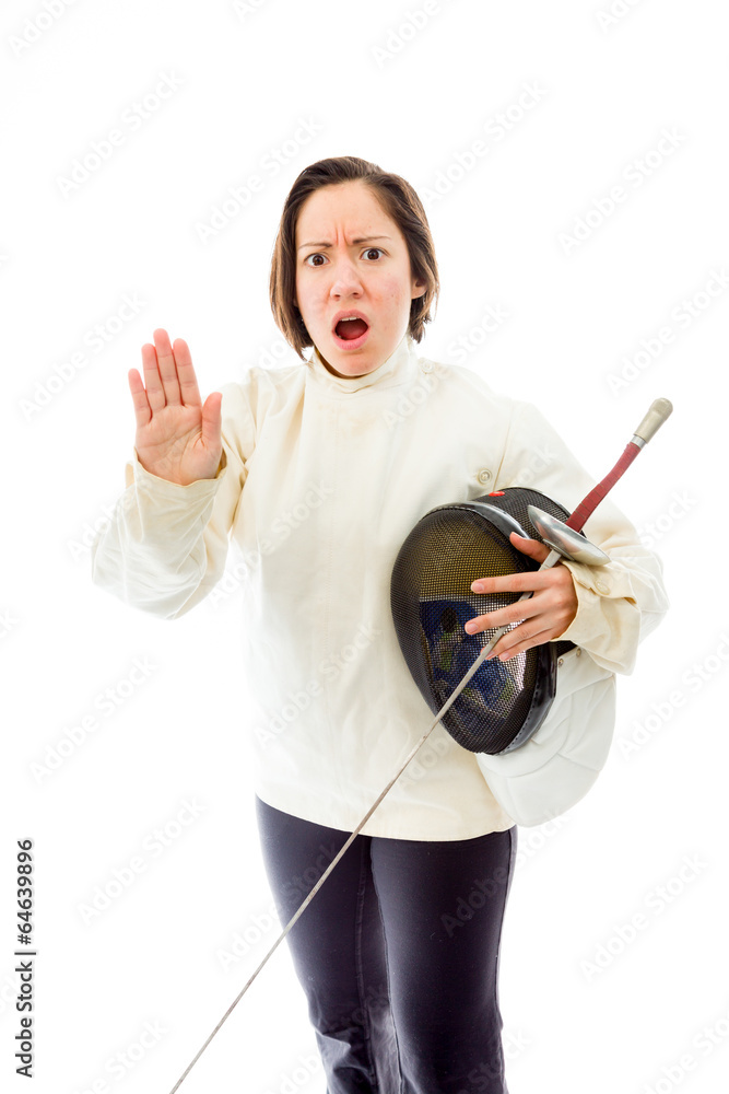 Female fencer making stop gesture sign Female fencer making stop gesture sign