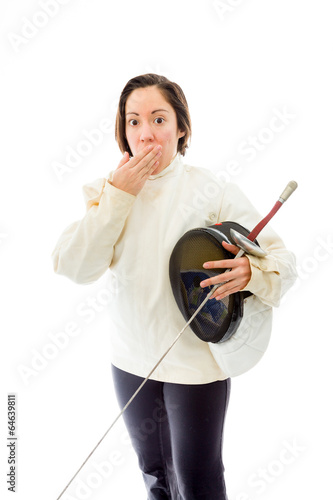 Female fencer hand over her mouth and shock