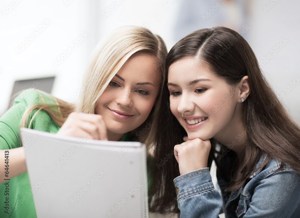 student girls pointing at notebook at school student girls pointing at notebook at school