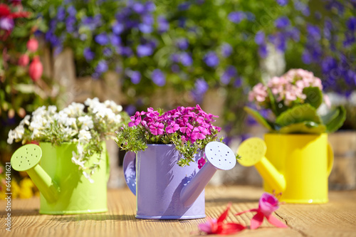 Outdoor gardening tools and flowers on old wood table
