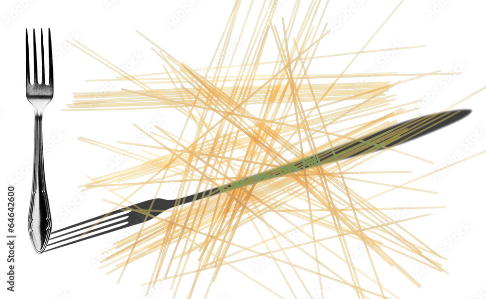 Obraz premium spaghetti and fork and shadow reversed, isolated on a white