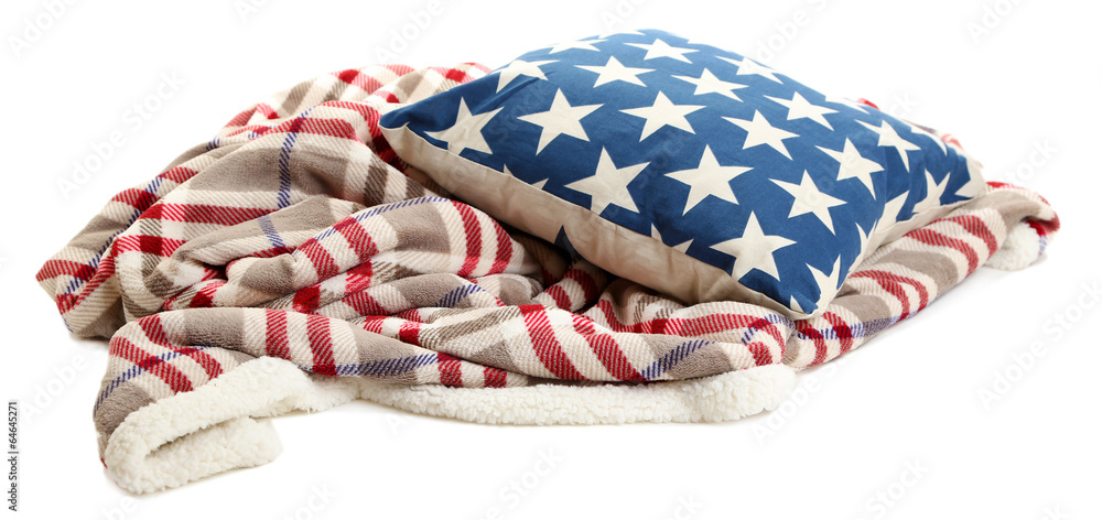 Bright pillow and plaid isolated on white Bright pillow and plaid isolated on white