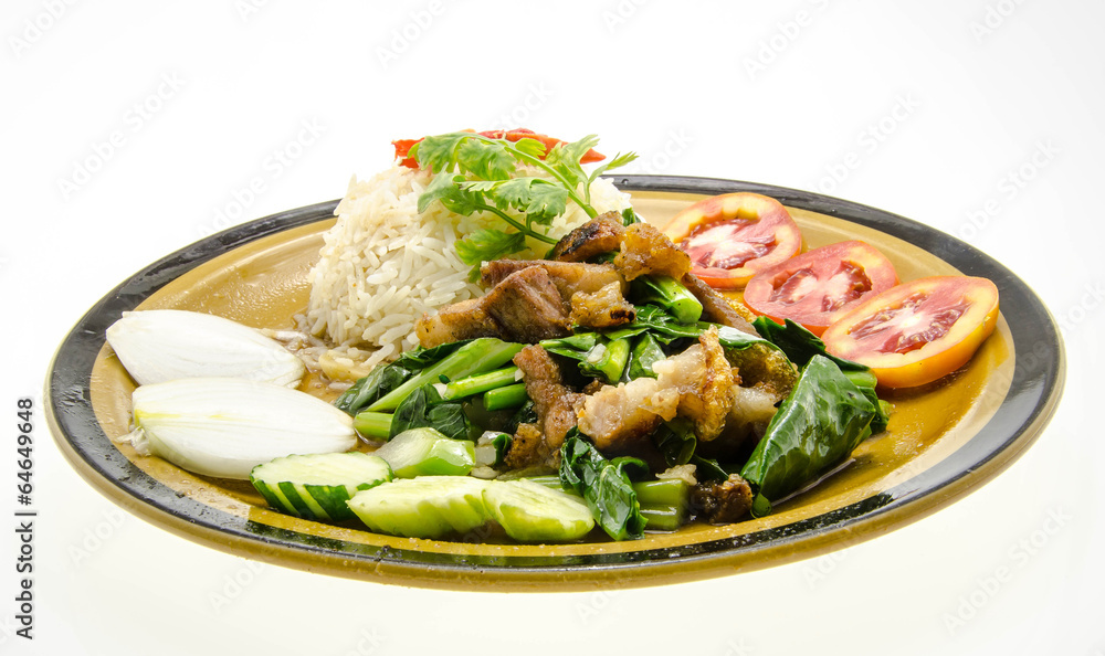 Stir-fried kale with crispy pork and rice Stir-fried kale with crispy pork and rice