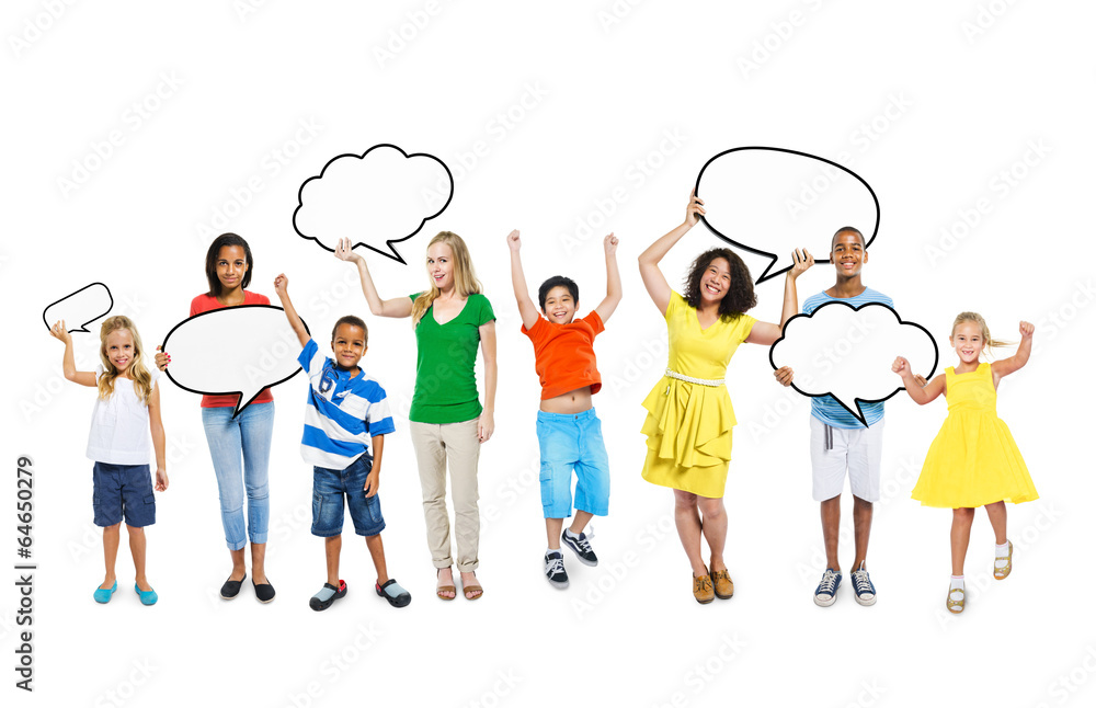 Diverse Children and Women Holding Empty Speech Bubble Diverse Children and Women Holding Empty Speech Bubble