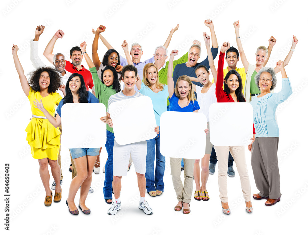 Fototapeta premium Group of People Holding 4 Empty Placards