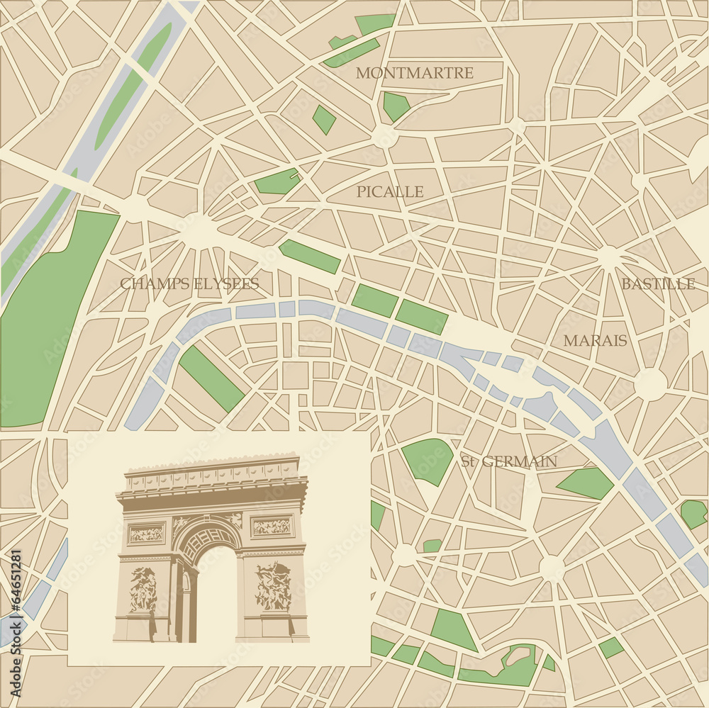 Fototapeta premium Map of the city of Paris and Triumphal arch
