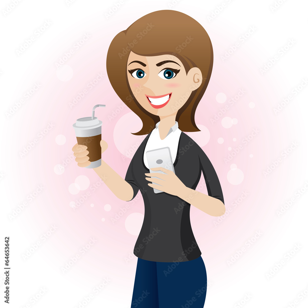cartoon cute girl with cup of coffee and smart phone cartoon cute girl with cup of coffee and smart phone