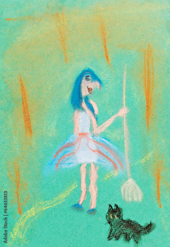 children drawing - witch with broom children drawing - witch with broom