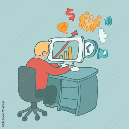 Office working, computer, vector illustration
