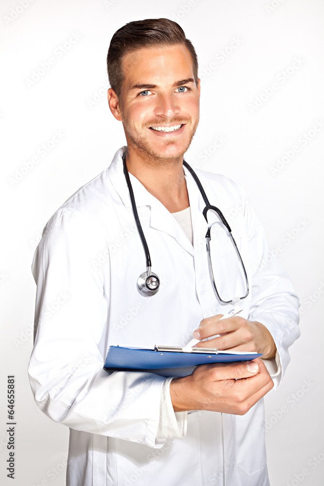 Portait of young male doctor with stethoscope and clipboard Portait of young male doctor with stethoscope and clipboard