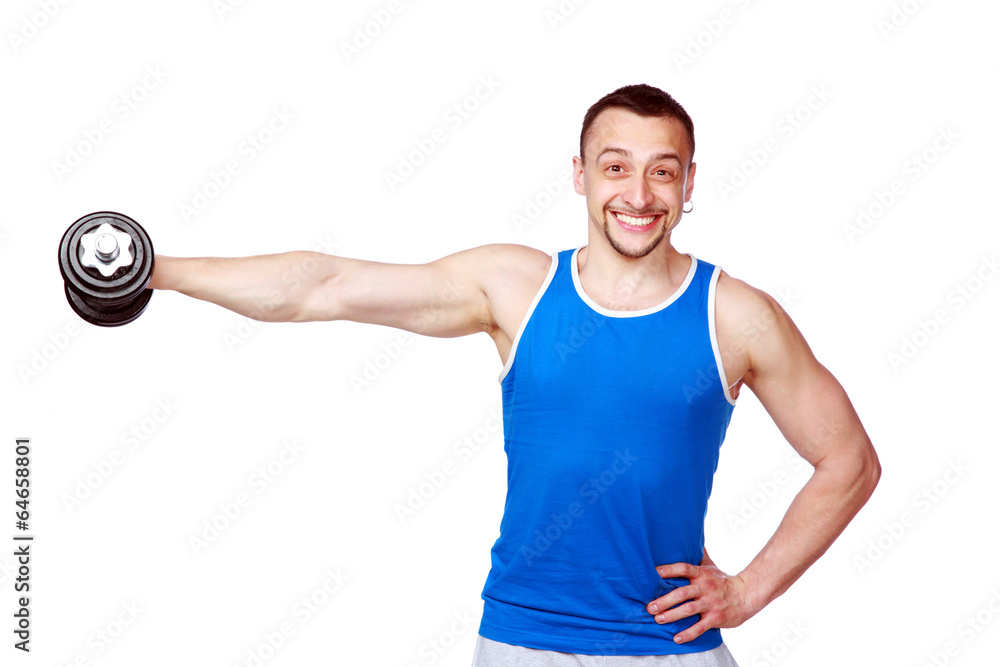 Smiling man working out with dumbbells on white background Smiling man working out with dumbbells on white background
