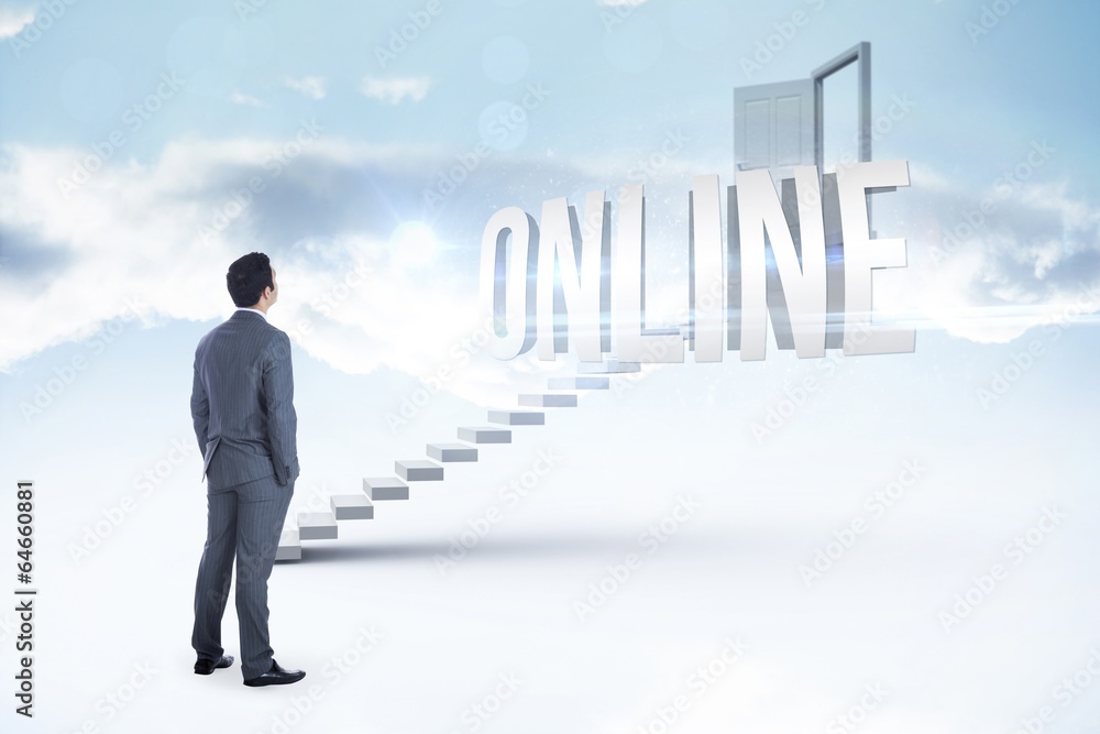 Online against white steps leading to open door Online against white steps leading to open door