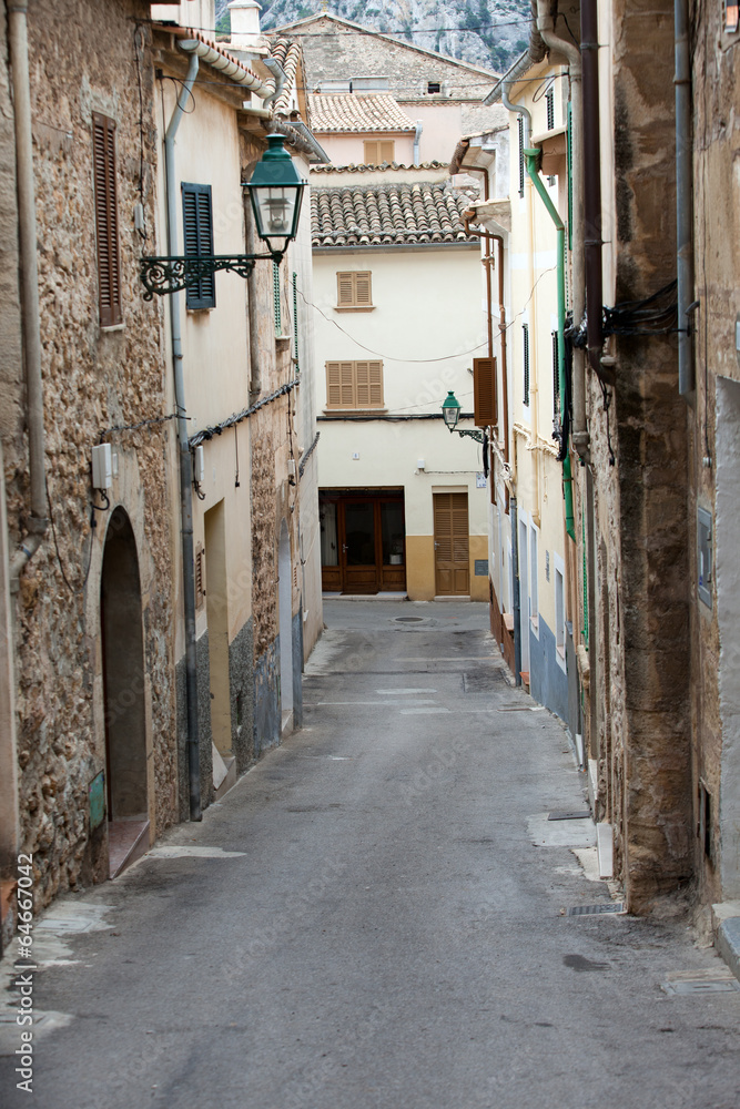 street with traditional house buildings, Pollenca town, Majorca