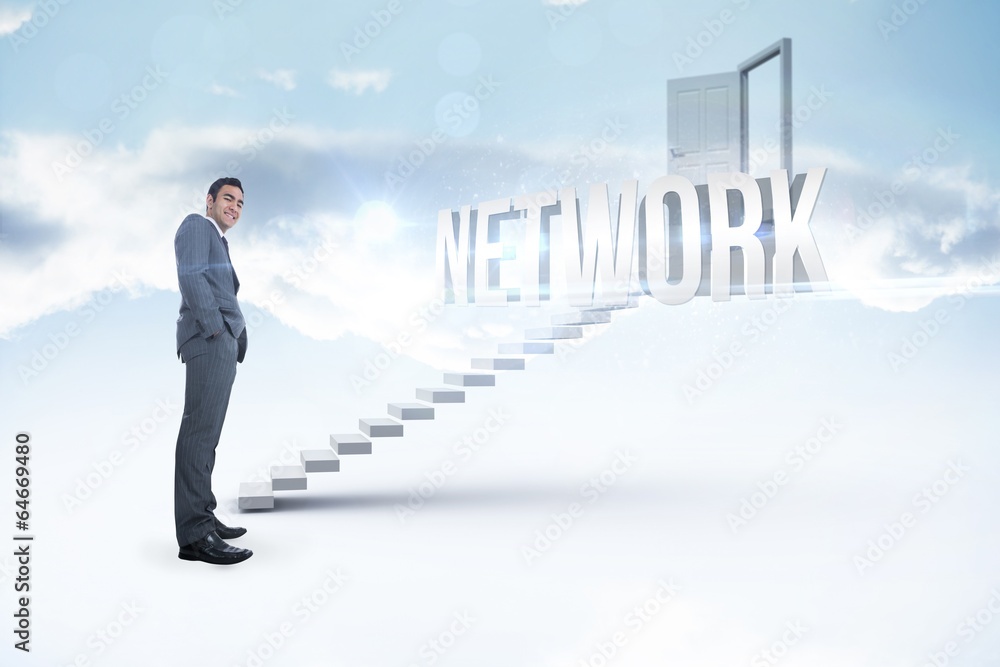 Network against white steps leading to open door Network against white steps leading to open door