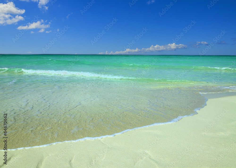 Exotic beach, blue sky, azure water, golden sand Exotic beach, blue sky, azure water, golden sand