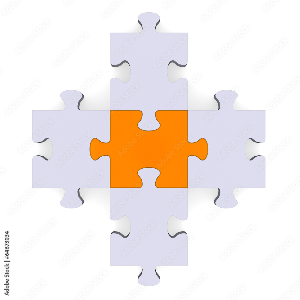 3d grey puzzle forming plus symbol, orange center 3d grey puzzle forming plus symbol, orange center