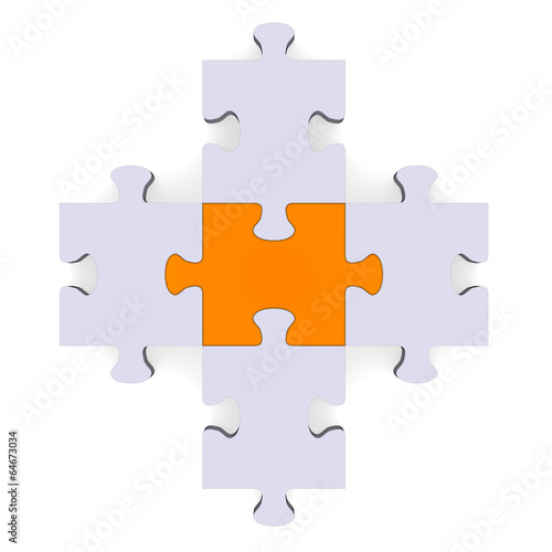 3d grey puzzle forming plus symbol  orange center
