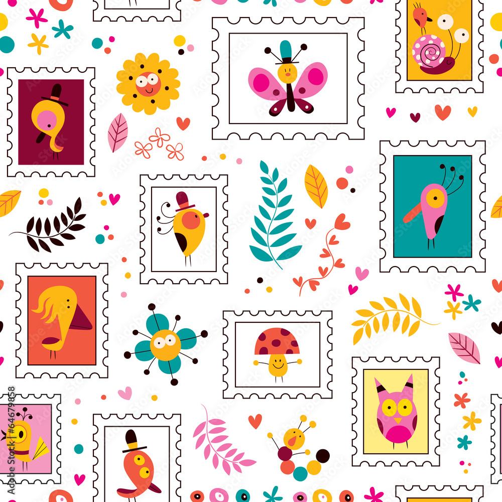 flowers, birds, mushrooms & snails cute characters pattern